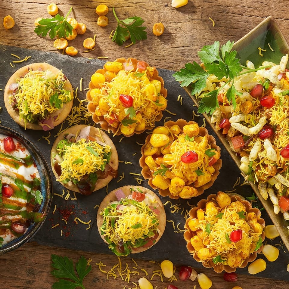 Vibrant Indian street food chaat platter with dahi bhalla, corn baskets, and bhel puri on a rustic wooden table.