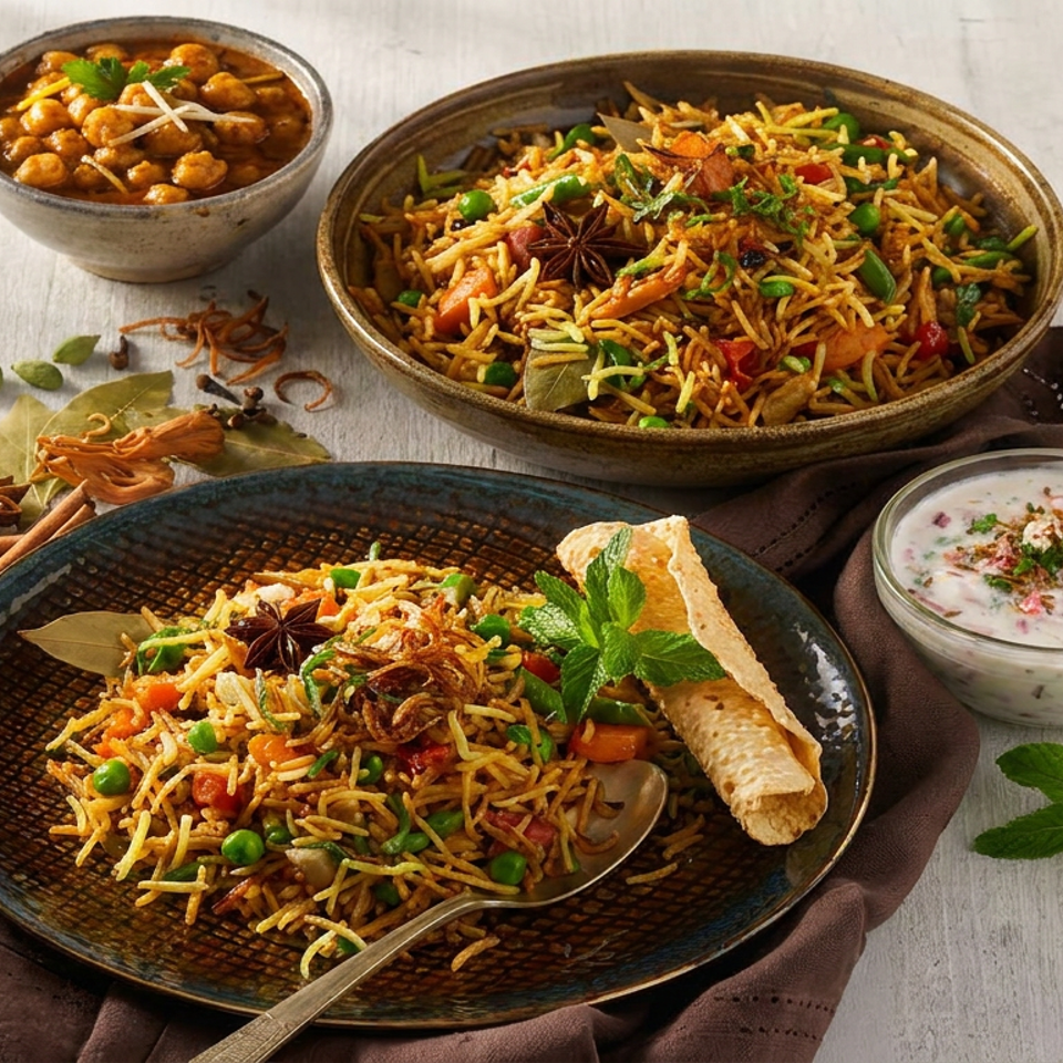Delicious Indian meal featuring vegetable biryani, chickpea curry, raita, and aromatic spices.