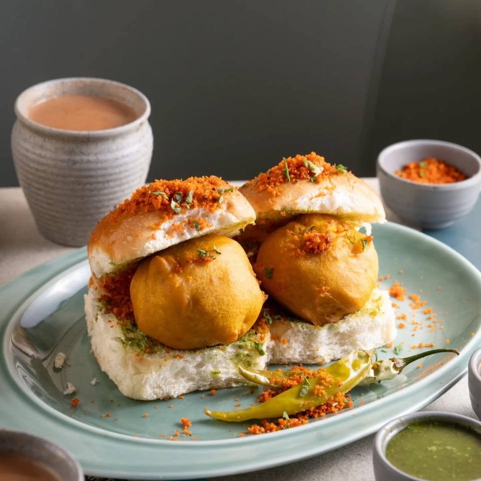 Three Indian vada pav sandwiches with potato fritters, chutney, chili peppers, and dry garlic chutney on a plate.
