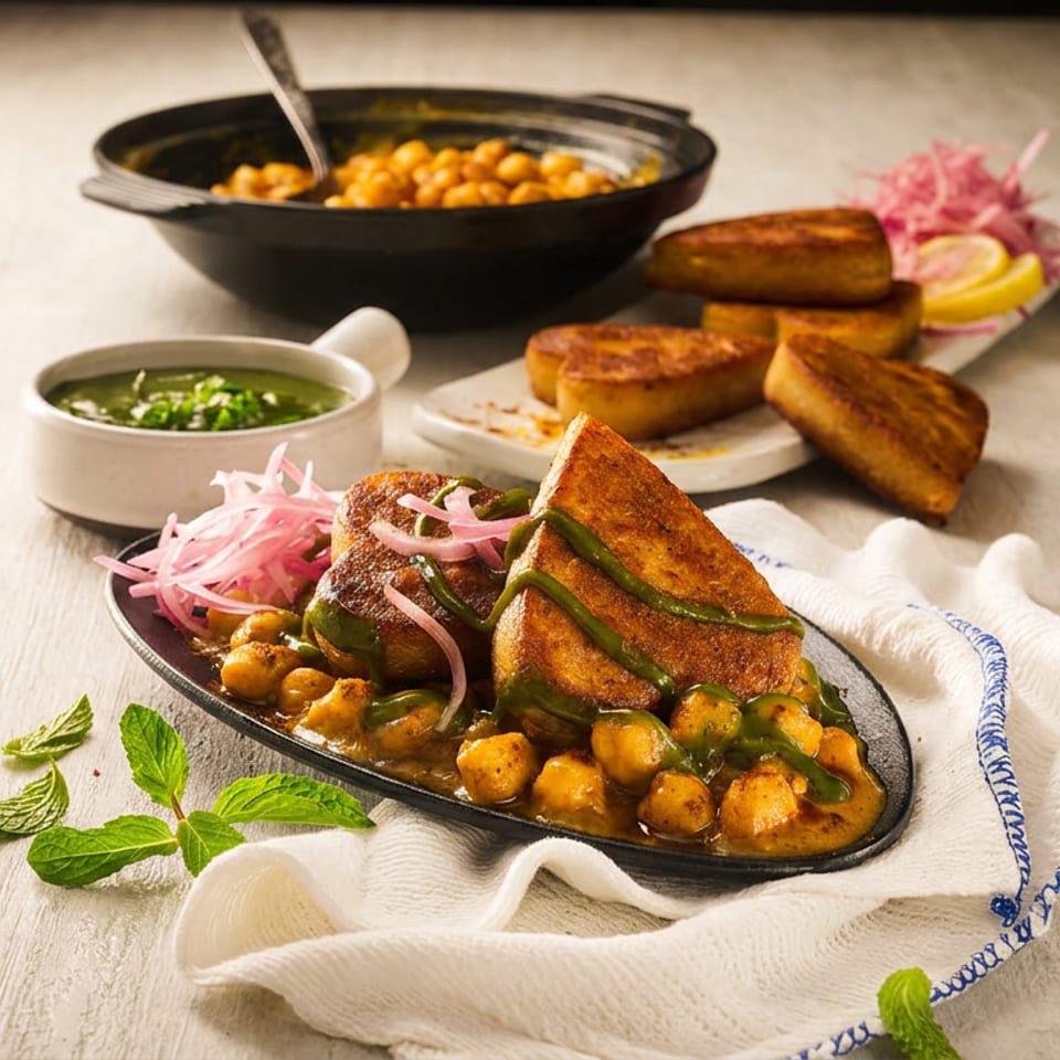Golden fried bread with chickpeas, green chutney, and pickled onions, garnished with mint.