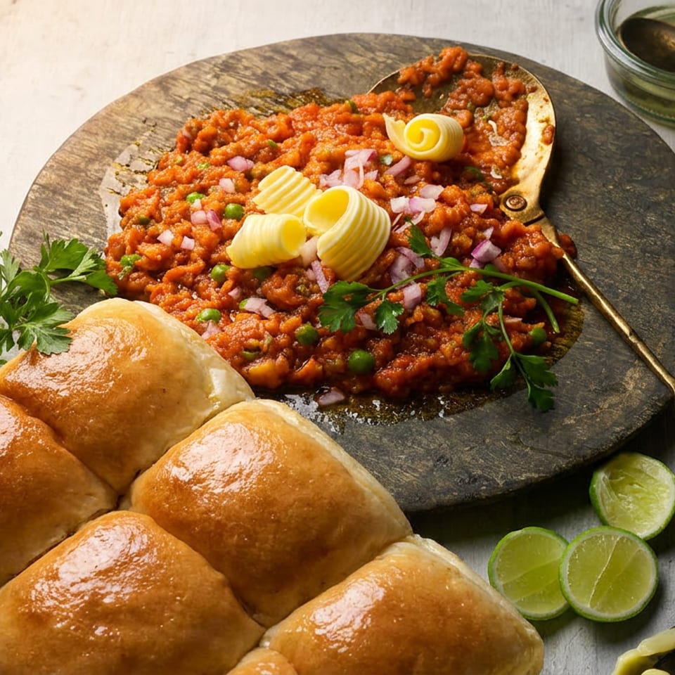 Spicy Pav Bhaji with vegetable mash, butter, chopped onions, cilantro, and golden bread rolls.