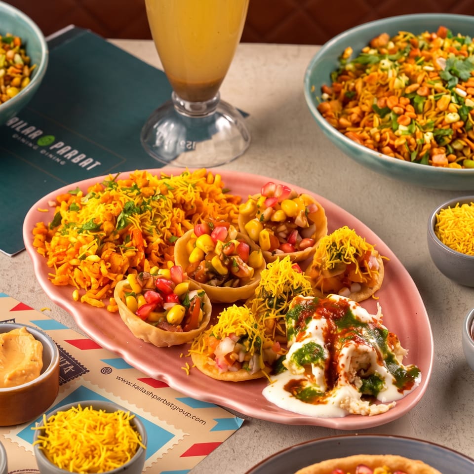 Colorful Indian street-food platter with chaat, crispy puris, sev, chutneys, side dishes, and a garnished yellow drink.
