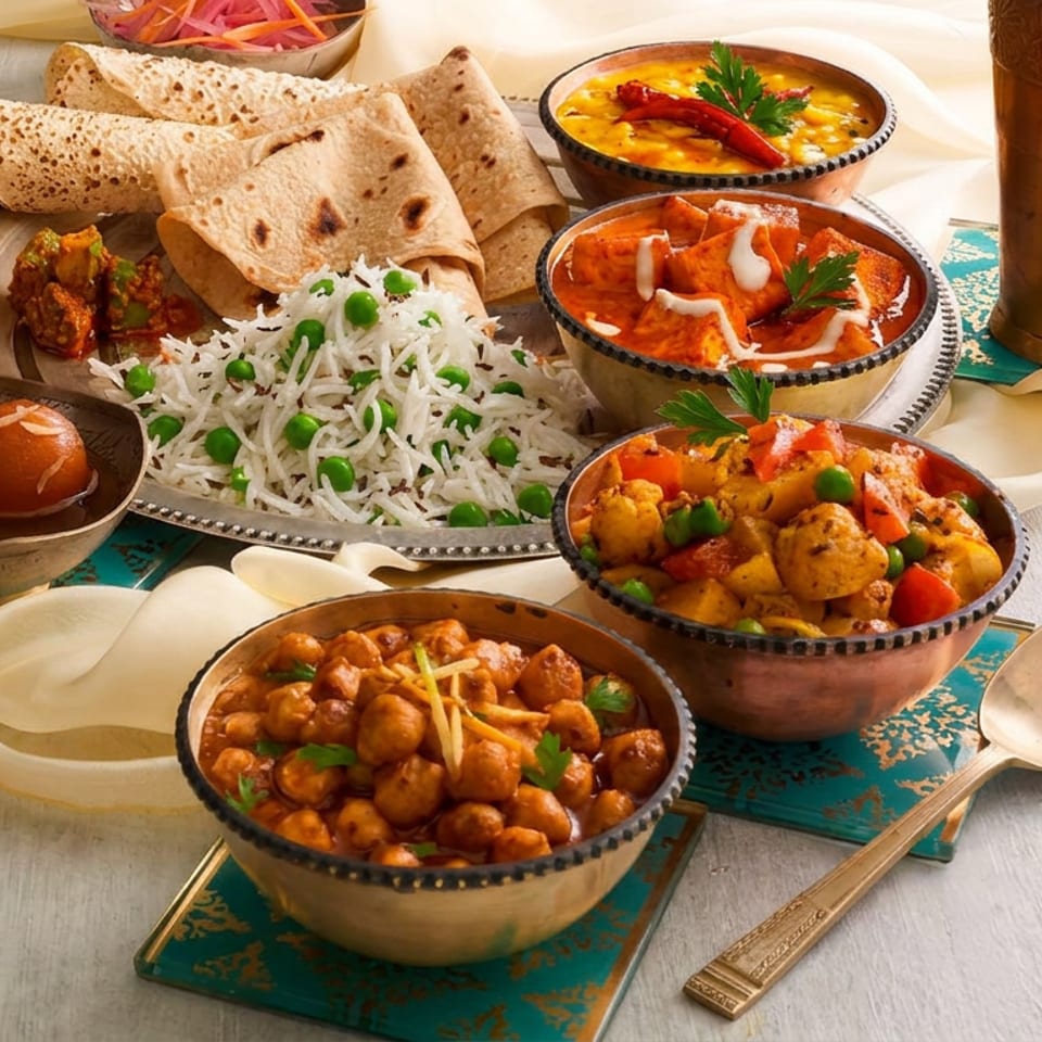 A vibrant spread of Indian cuisine with curries, rice, flatbreads, and dessert in decorative bowls.