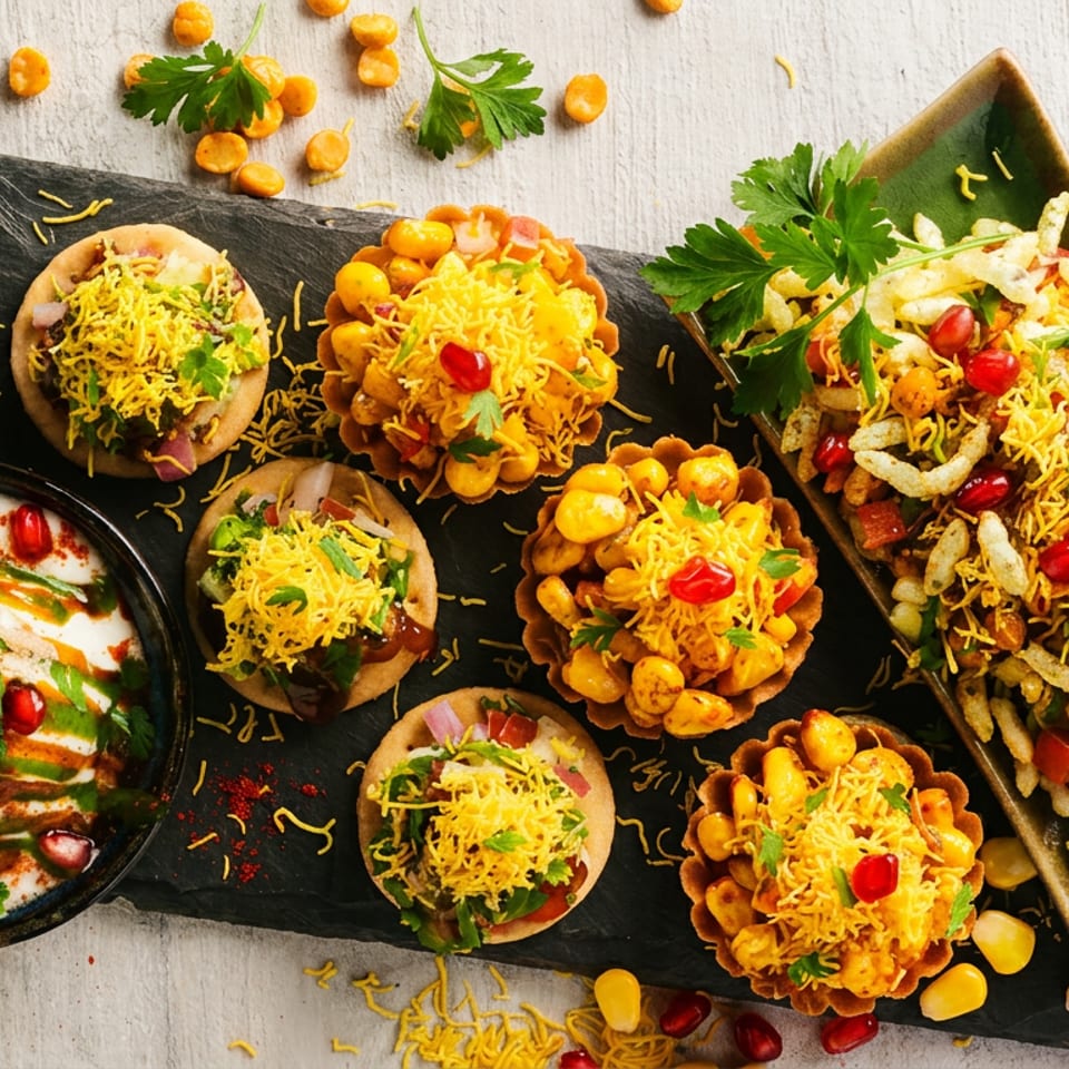 Vibrant Indian chaat dishes: dahi bhalla, corn cups, and bhel puri, garnished with sev and pomegranate.