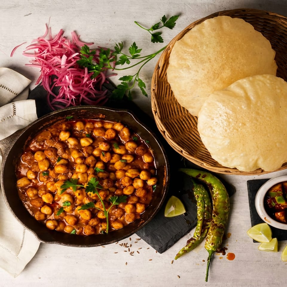 Vibrant Indian meal with chana masala, poori, pickled onions, green chilies, and mango pickle.